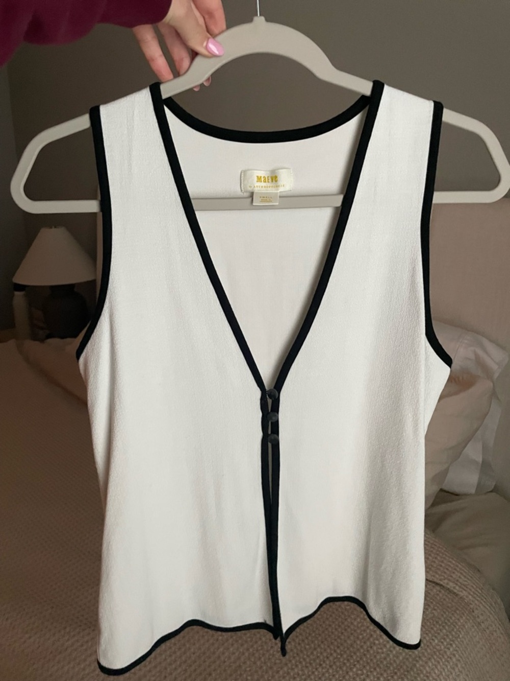 Maeve White V-Neck Tank with Black Trim